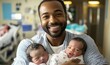 © Color Frame - New Father Joyfully Holding Newborn Twin Babies in Hospital Setting Celebrating Birth and Family Bonding, Generative AI