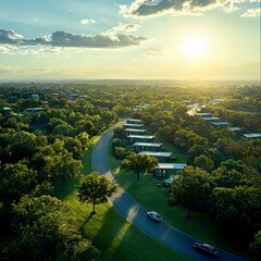 Wall Mural - Aerial View  Sustainable Green Eco Friendly Homes  Cityscape  Sunset