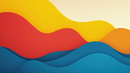 Wall Mural - A vibrant abstract design with dynamic, overlapping wave-like forms in bold red, yellow, and blue, creating a playful and celebratory mood.