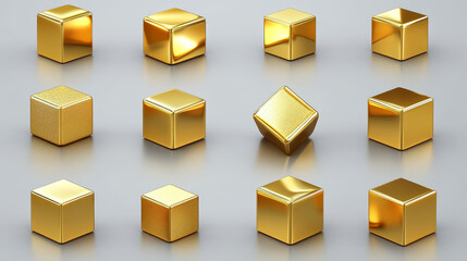 Poster - Gold cube, 3d square golden box in front and perspective views. Vector realistic set of yellow metal cubic blocks with reflection isolated on transparent background