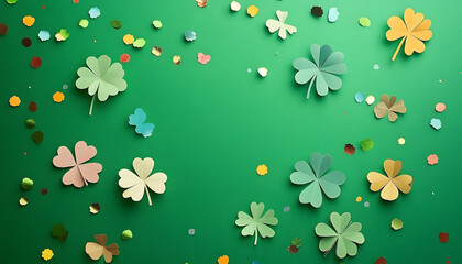 Wall Mural - st patrick s day four leaf clover paper art on green background with confetti top view flat lay