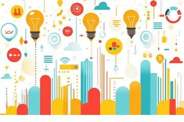 Poster - Abstract Colorful Business Data Visualization with Light Bulbs and Cityscape