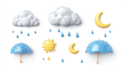 rainy weather icons with sun, moon, clouds and water drops. meteorology forecast symbols of rain, sh