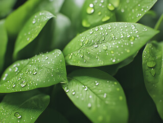 Wall Mural - Fresh green leaves glistening with water droplets, showcasing nature beauty and vitality. close up highlights intricate textures and vibrant colors of foliage