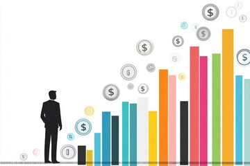 Poster - Businessman Observing Growing Financial Success Represented by a Bar Graph and Rising Coins