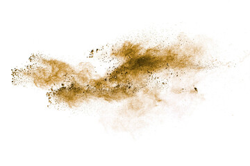 Wall Mural - deep brown powder dust explosion on white background.