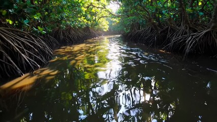 Poster - A tranquil river winding through a dense mangrove forest, with sunlight filtering through the canopy.
