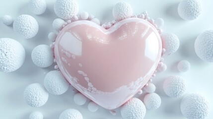 Soft pastel pink heart shaped object with glossy textures surrounded by abstract nubes isolated on a white background symbolizing love and romance perfect for valentine celebrations