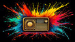 © dibas99 - A vintage radio sits at the center of an explosion of colorful paint splashes, showcasing a vibrant blend of hues.