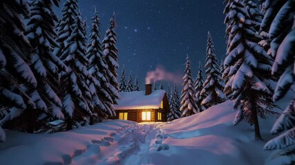 Poster - A snowy mountain trail with fresh footprints leading toward a cozy wooden cabin under a bright, star-filled winter sky.
