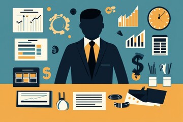 Poster - Businessman at his Desk Surrounded by Financial Charts and Reports