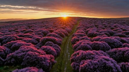 Aufkleber - A breathtaking view of rolling hills covered in blooming heather, with a winding trail leading toward the distant horizon at golden hour.
