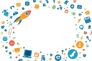 Poster - Colorful Startup Icons and Rocket Launch Background Design