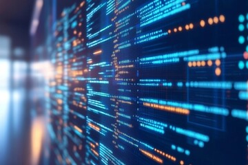Aufkleber - Abstract Digital Code Wall: Glowing Blue and Orange Programming Language