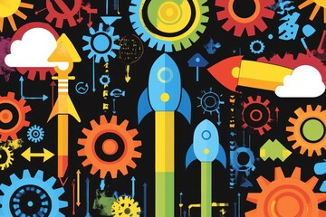 Poster - Abstract Colorful Composition of Rockets, Gears, and Arrows on Black Background