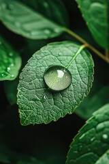 Wall Mural - Green leaf with sparkling droplet, showcasing nature's beauty an