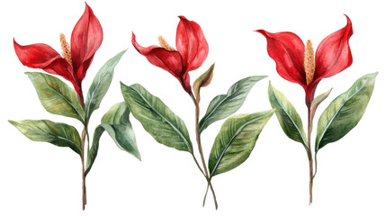 Watercolor flower of tropical spring floral red on transparent background 