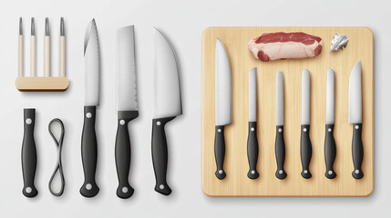 Chef and butcher knives, cutting board and scissors for cooking. Vector realistic set of 3d kitchen tools, metal knives with sharp blades and black handles, axe for meat and wooden plank