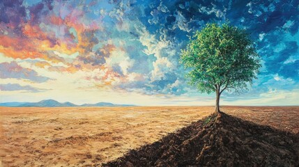 Poster - Majestic Solitary Tree on a Vast Horizon Under a Dramatic Sky at Sunset, Capturing Nature's Beauty in Vibrant Colors and Textures
