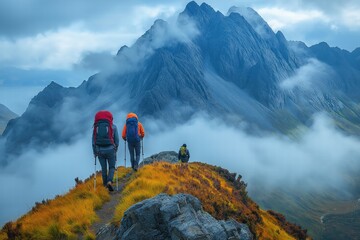 hikers walking on mountain ridge above clouds in autumn