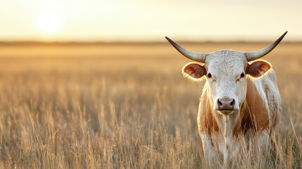 Sticker - close up of cow with powerful horns in golden field at sunset