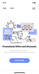 Poster - Big Sale promotional concept with person analyzing offers on laptop surrounded by discount icons and charts in minimalist hand drawn style. Mobile app screen