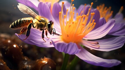 Wall Mural - Close up of a honeybee insect pollinating and collecting sweet nectar from a vibrant colorful flower blooming in a lush green garden setting