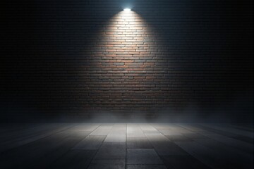 Poster - Dimly lit brick wall background with wooden floor and spotlight illumination.