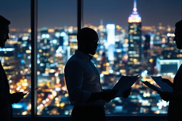 Poster - Business team discussing documents in office at night with city lights in background.