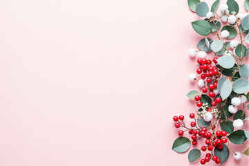 Poster - Floral arrangement with red berries and green leaves on a pink background.