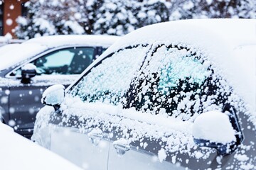 Poster - Snow-covered cars parked outdoors during winter snowfall on a blurred background.