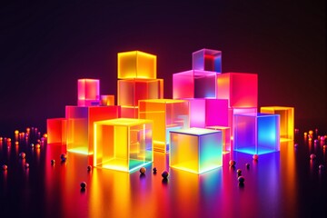 Poster - Vibrant glowing cubes in neon hues on a dark reflective surface.