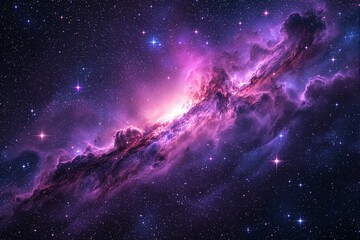 Poster - Stunning cosmic scene featuring purple and pink nebula with twinkling stars on a dark space background.