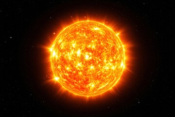 Poster - Bright sun emitting vivid orange light surrounded by glowing rays in outer space background.