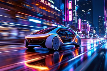 Poster - Futuristic car driving on neon-lit city street at night.