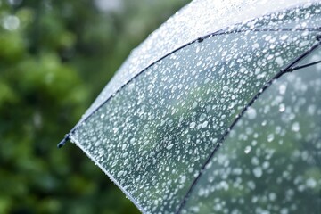 Poster - Transparent umbrella with raindrops against blurred green background.