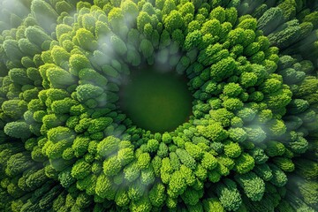 Poster - Aerial view of a circular forest with a lush green clearing at the center, illuminated by soft sunlight through misty rays.