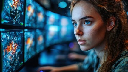 Cybersecurity Analyst:  A Focused Woman Monitoring Data Streams on Multiple Screens in a Dark Room