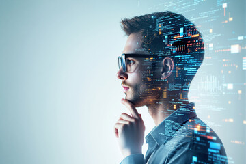 Poster - Side profile of a thoughtful man with digital data overlay on futuristic light background.
