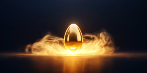 exclusive golden eggs concept. Golden egg surrounded by glowing mist on a dark background.