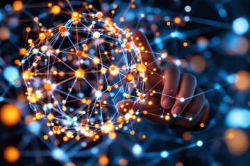 Poster - Glowing network sphere with human hand interacting on dark background.