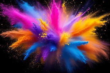 Poster - Vibrant explosion of colorful powder on dark background.