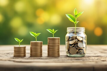 Poster - Stacked coins with plants growing on top and a jar of coins on a wooden table, symbolizing financial growth and sustainability.