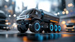 © Jiraphat.N - Futuristic blue glowing truck showcase urban environment 3d rendered content high-tech atmosphere close-up view advanced vehicle design
