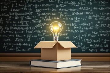 Poster - Creative concept of light bulb glowing in an open box on a book with chalkboard equations in the background.