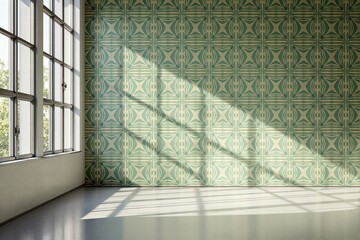 Poster - Patterned wall with sunlight through large windows creating shadow play.