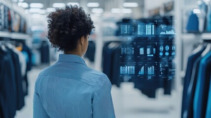 Poster - Analyzing retail data clothing store digital interface modern environment back view technology integration