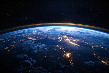 Poster - Stunning view of Earth's surface illuminated by city lights under a starry sky from space.
