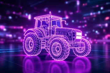 Poster - Neon outline of a tractor in glowing pink on a futuristic dark background.
