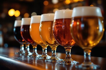 Aufkleber - Close-up of six glasses of craft beer in various colors on a bar counter in warm lighting.